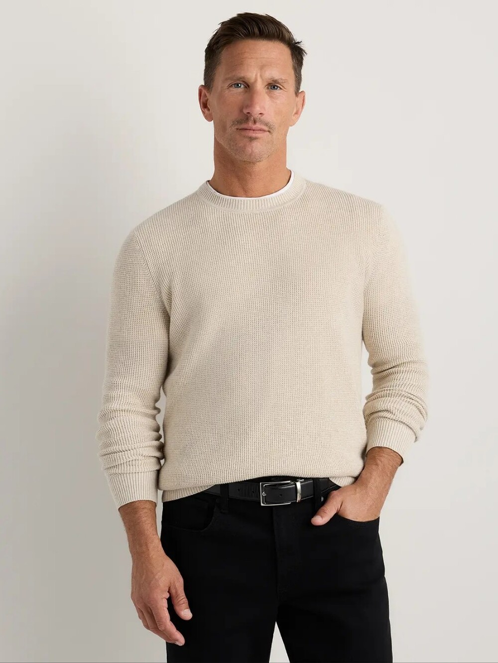 Quince Organic Cotton Cashmere Waffle Knit Men's Specklef Beige Crewneck NWT